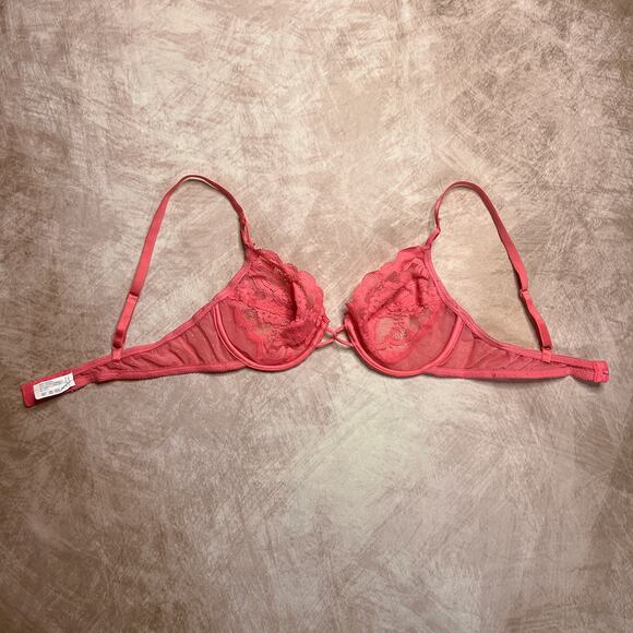 Vintage 90s Vanity Fair Floral Lace Bra Pink Mesh Polka Dot Lingerie Romantic - Picture 7 of 9